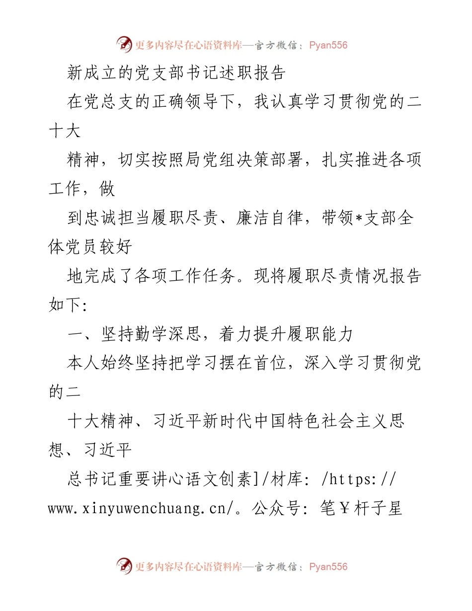 [述职报告] 党支部 - 新成立党支部书记述职报告.docx_第1页