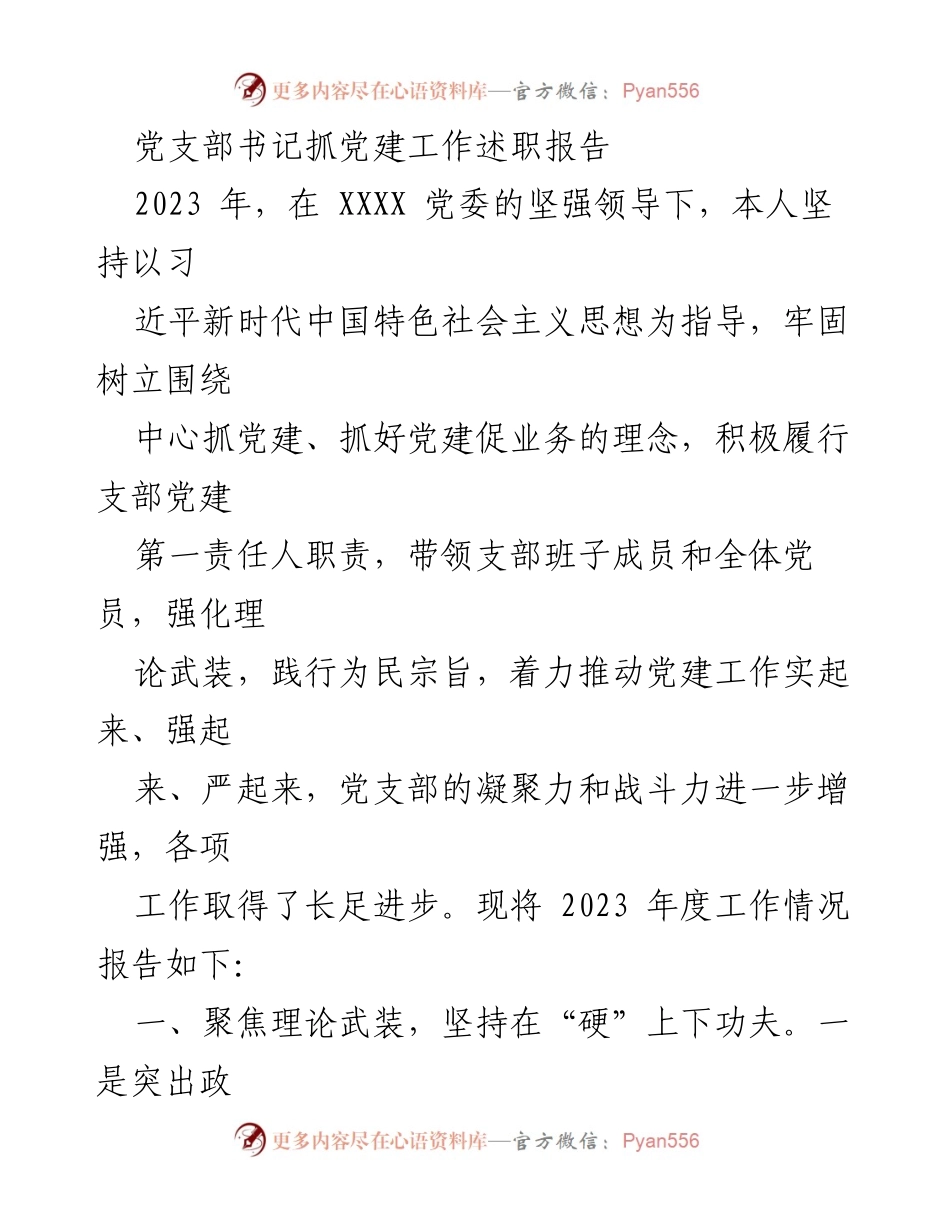 [述职报告] 党建工作 - 2023年度党支部书记党建工作述职报告_2.docx_第1页
