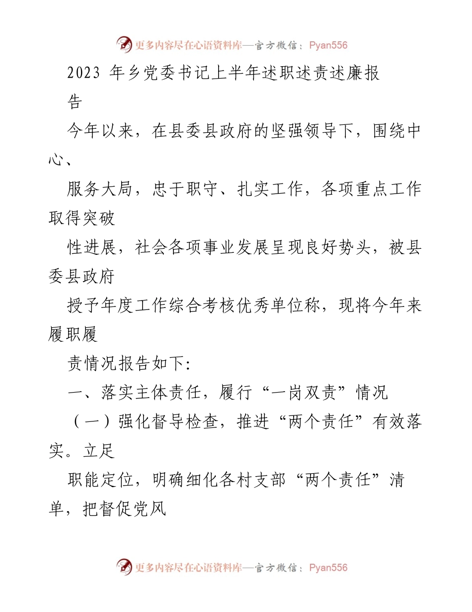 [述职报告] 乡党委书记 - 2023年上半年履职情况总结报告.docx_第1页