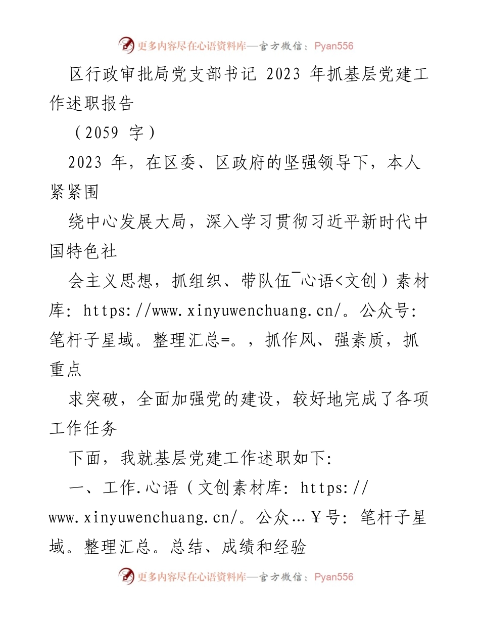 [述职报告] 党支部工作 - 2023年区行政审批局党支部书记基层党建工作述职报告.docx_第1页