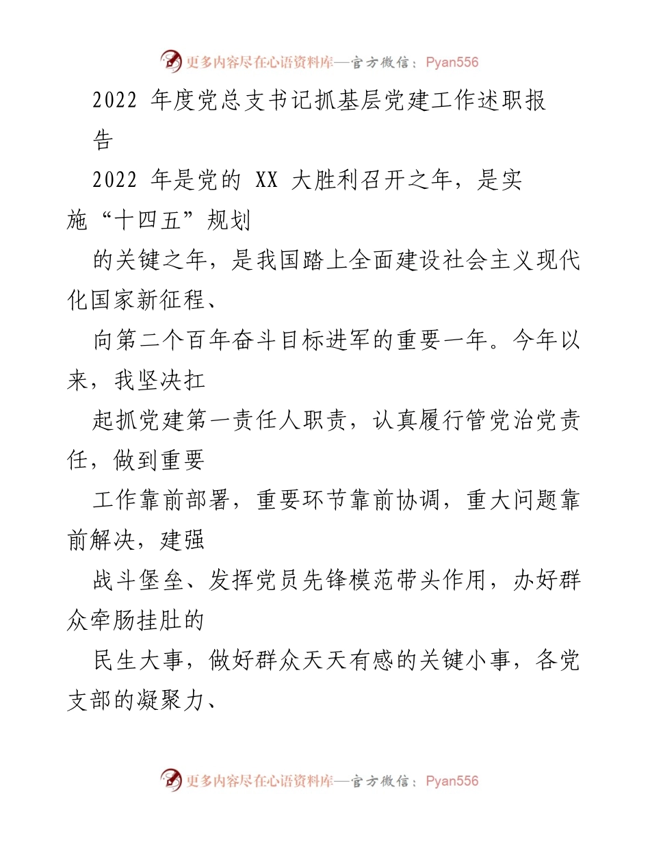 [述职报告] 党总支书记述职 - 2022年度基层党建工作总结与成效分析.docx_第1页