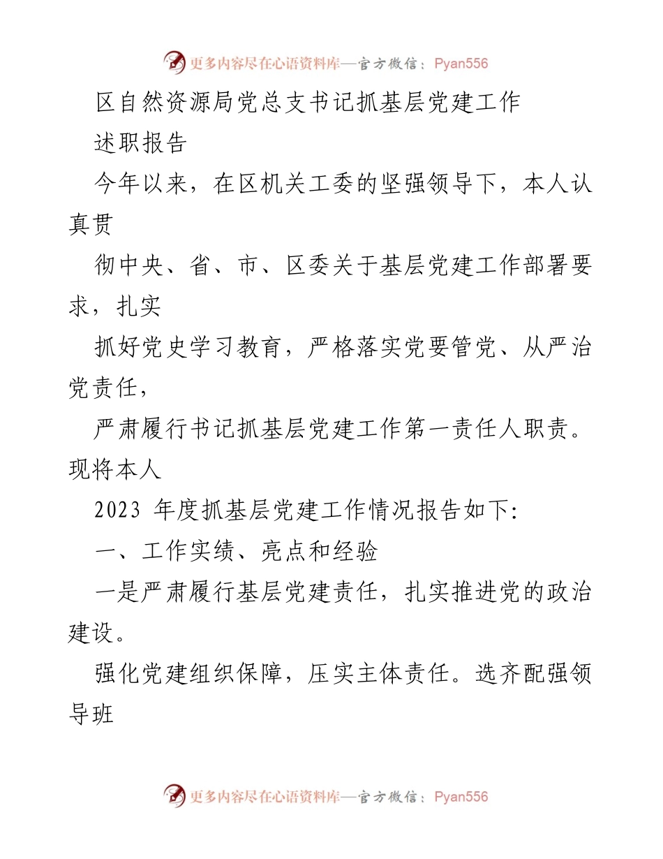 [述职报告] 党建工作 - 区自然资源局党总支书记年度抓党建工作述职报告.docx_第1页