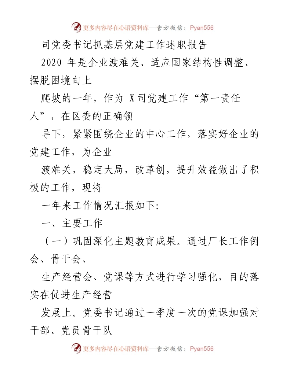 [述职报告] 党建工作 - 2020年党建工作述职报告总结.docx_第1页