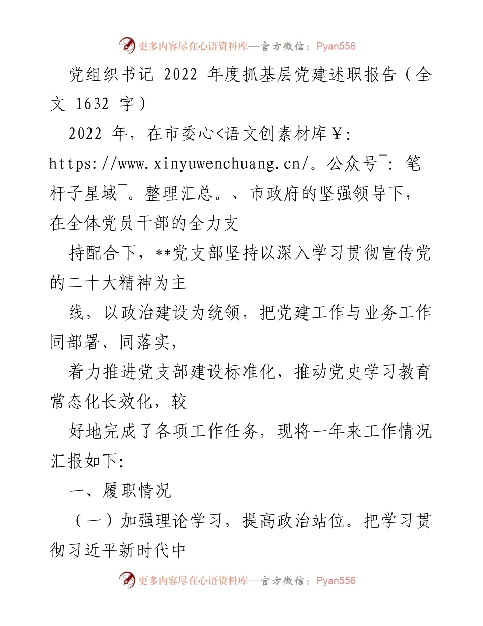 [述职报告] 党组织年度总结 - 2022年度党组织书记抓基层党建工作述职报告.docx_第1页