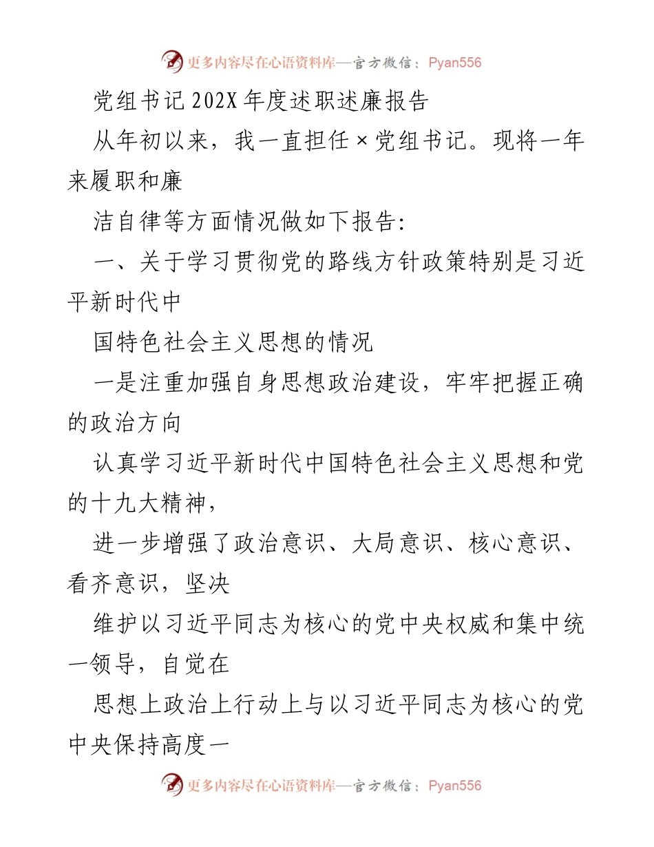 [述职报告] 党组书记年度总结 - 202X年度党组书记述职述廉报告.docx_第1页