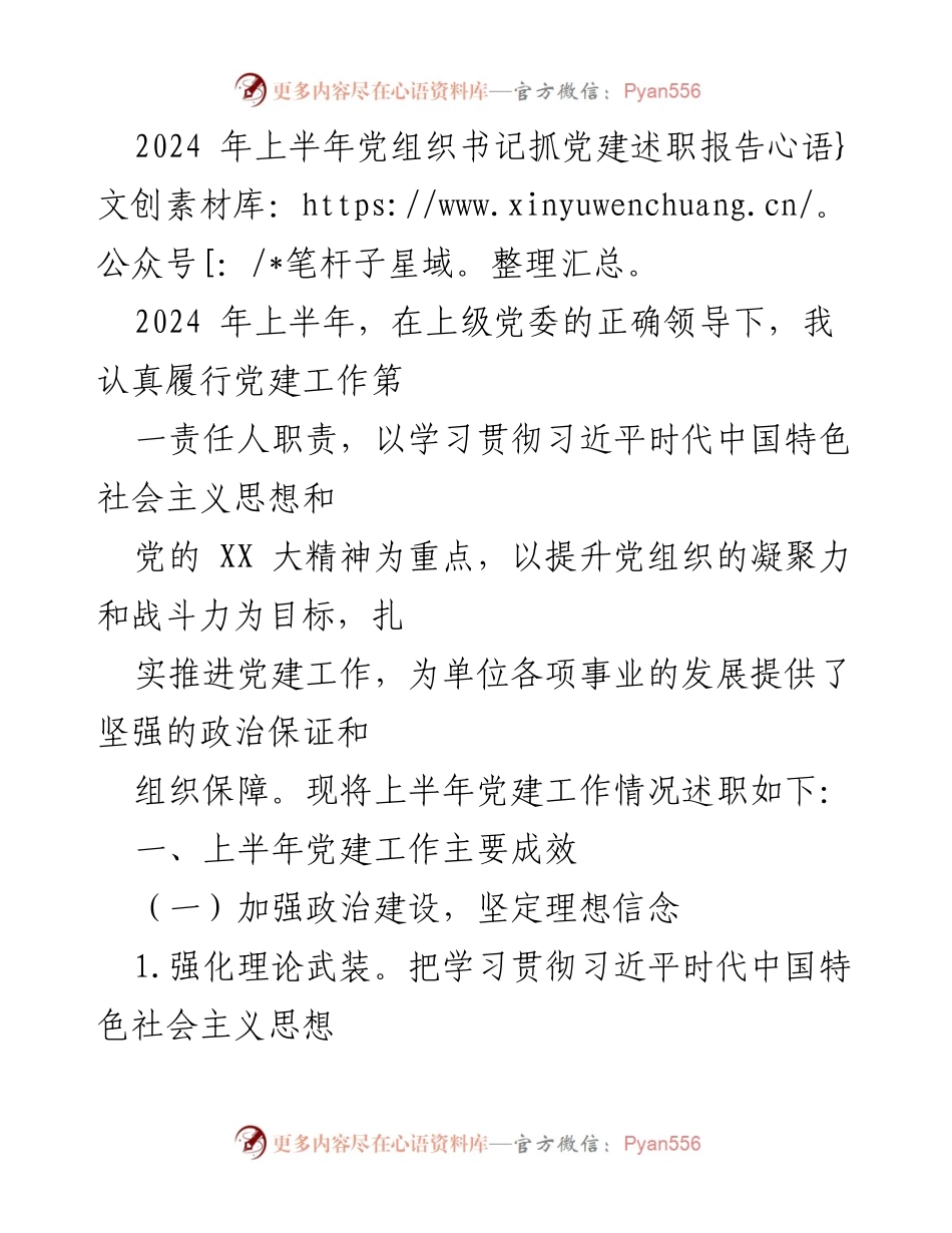 [述职报告] 党建工作会议 - 2024年上半年党组织书记党建工作述职报告.docx_第1页