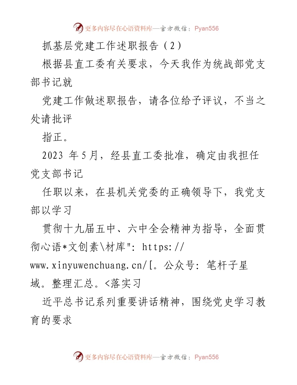 [述职报告] 党建工作会议 - 统战部党支部书记党建工作述职报告.docx_第1页