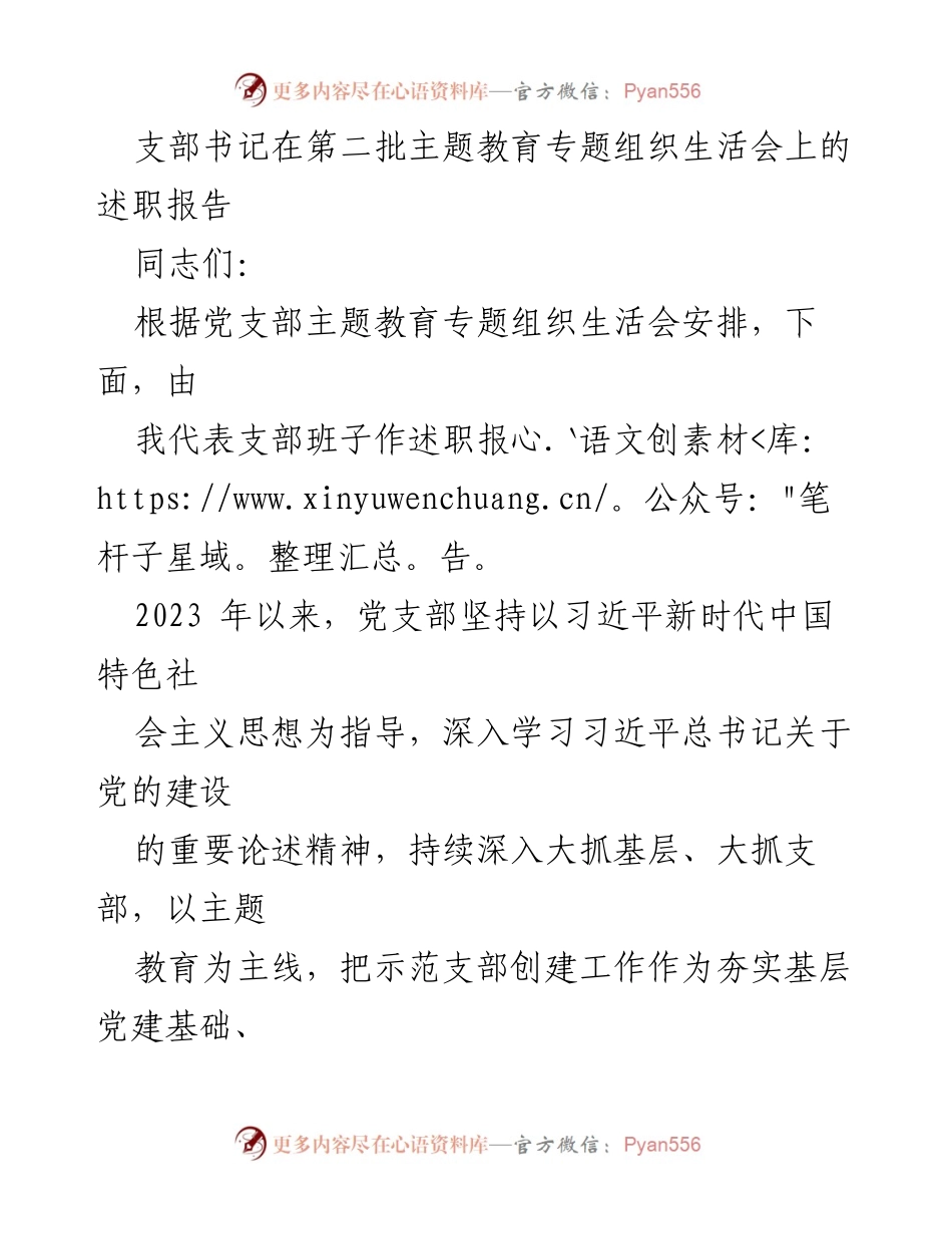 [述职报告] 主题教育专题组织生活会 - 支部书记述职报告：推动主题教育深入落实.docx_第1页
