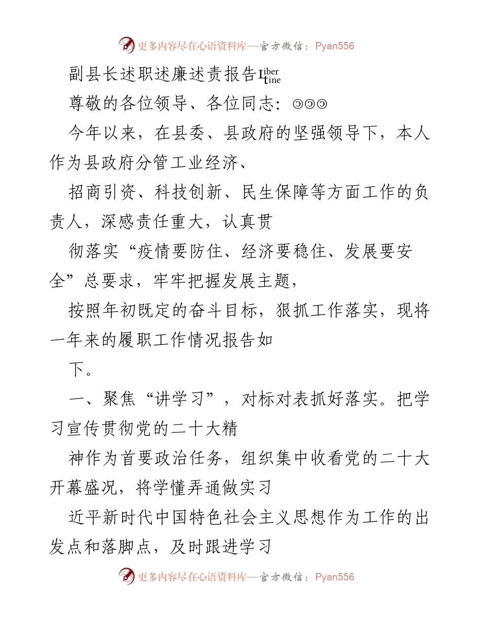 [述职报告] 县政府工作总结 - 副县长年度履职述廉述责报告.docx_第1页