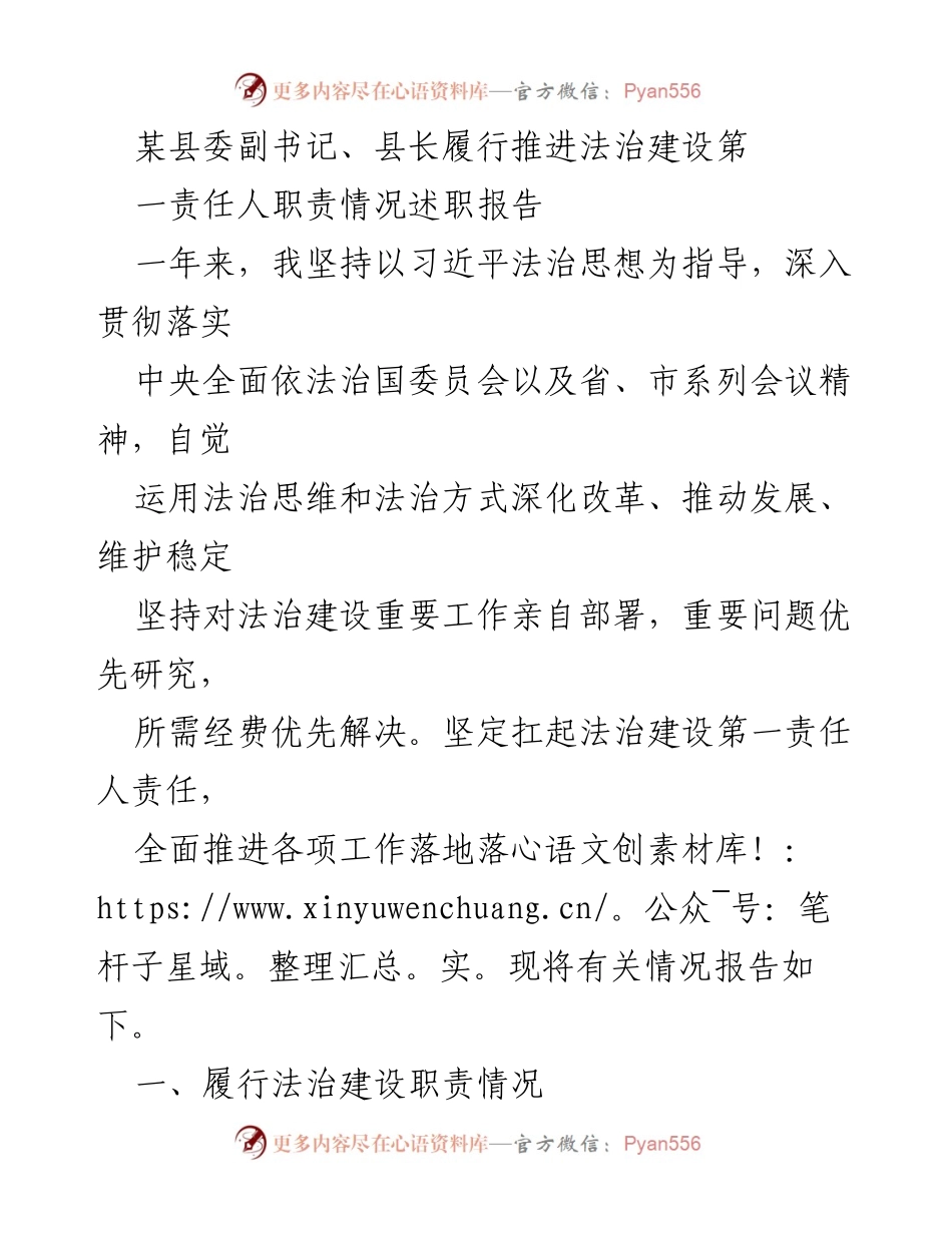 [述职报告] 县法治建设 - 县长履行法治建设第一责任人职责情况总结.docx_第1页