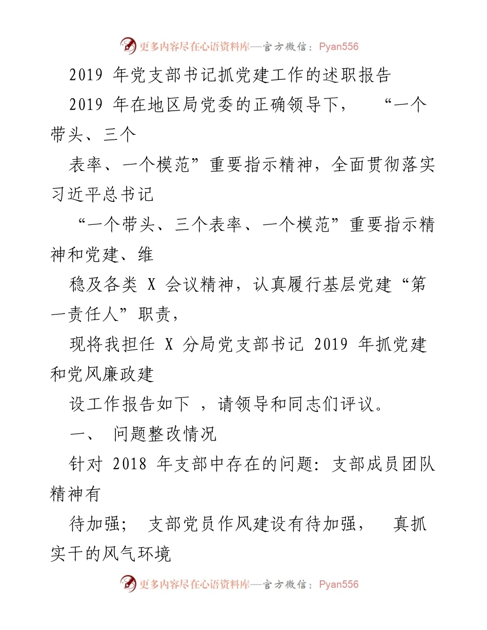 [述职报告] 党支部工作总结 - 2019年党支部书记党建工作述职报告.docx_第1页