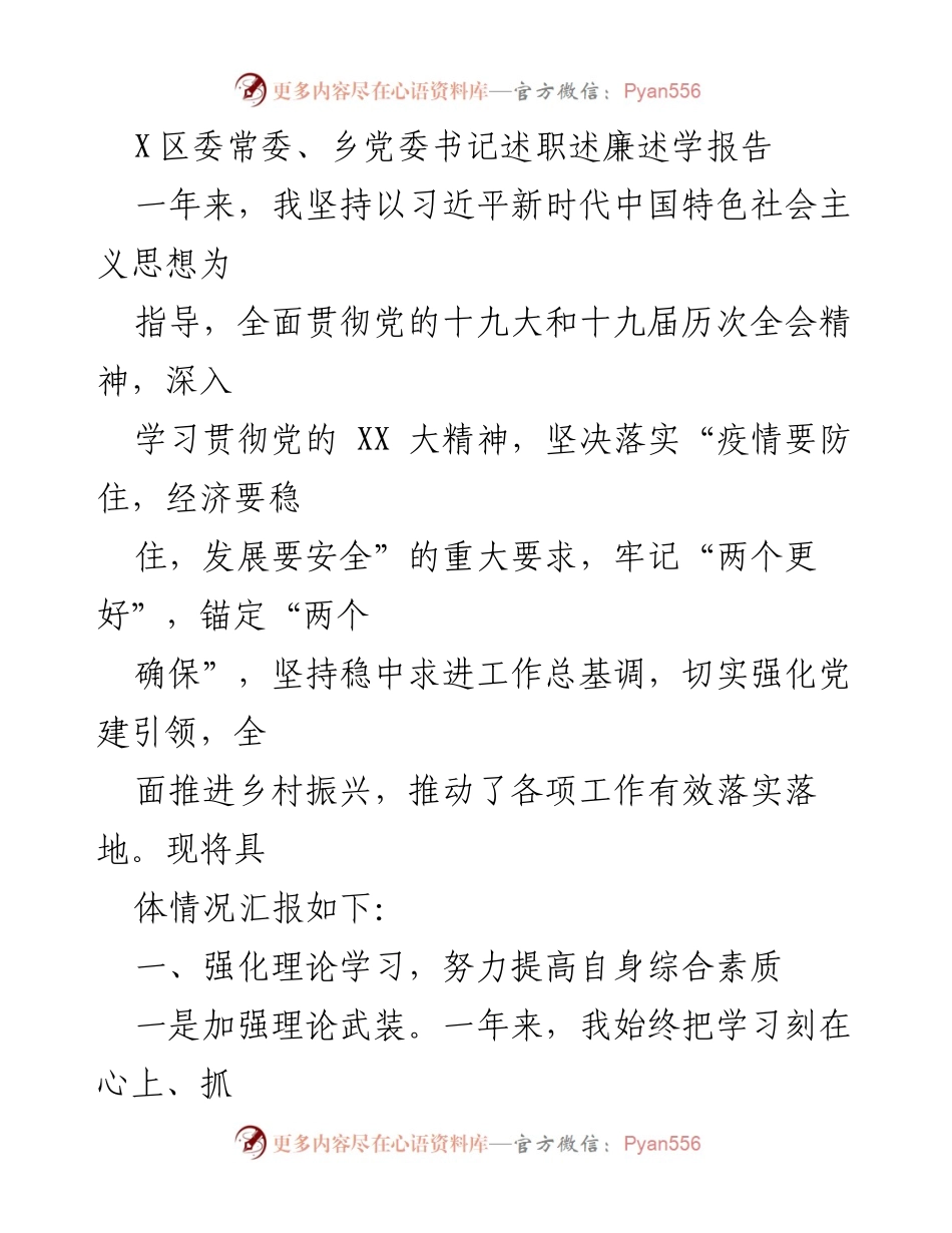 [述职报告] 乡党委书记述职 - 乡村振兴与党建工作的落实与成效报告.docx_第1页