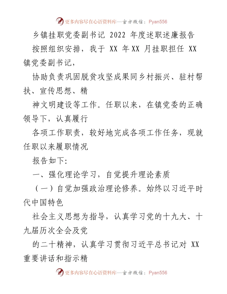 [述职报告] 乡镇党委 - 2022年度挂职党委副书记述职述廉报告.docx_第1页