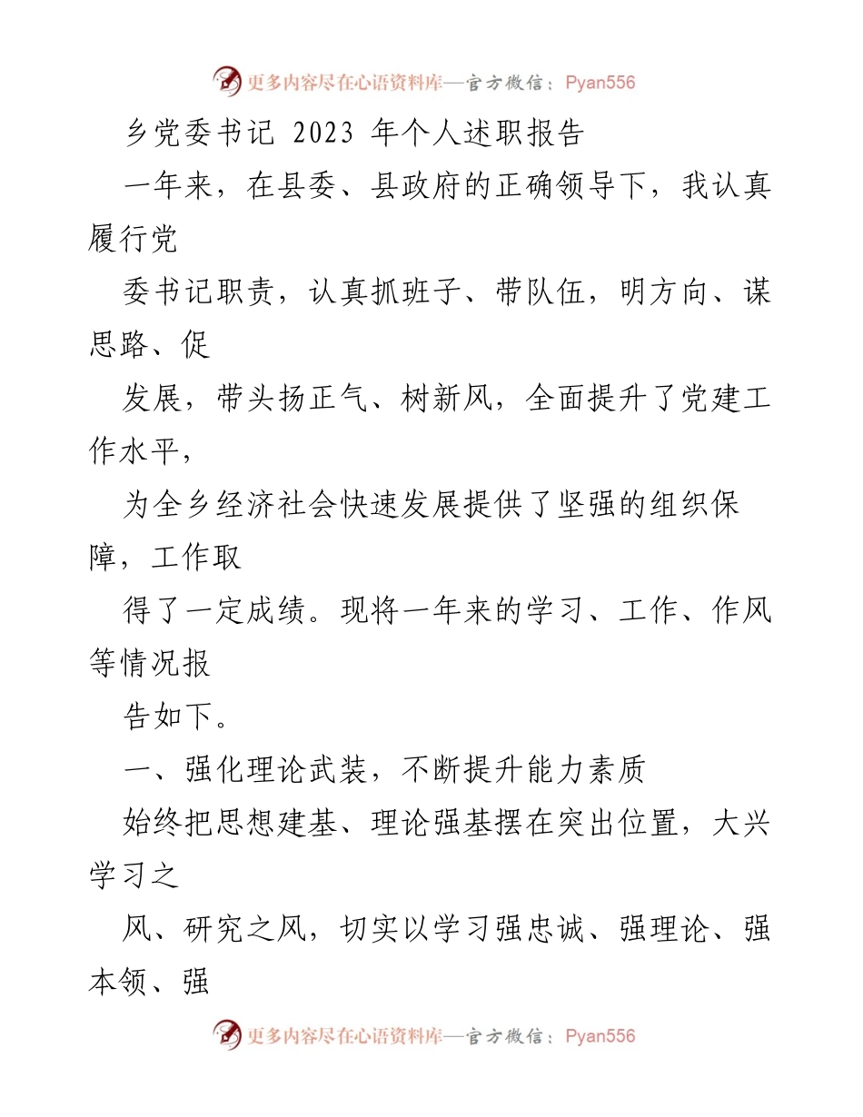 [述职报告] 乡党委 - 2023年乡党委书记个人述职报告.docx_第1页