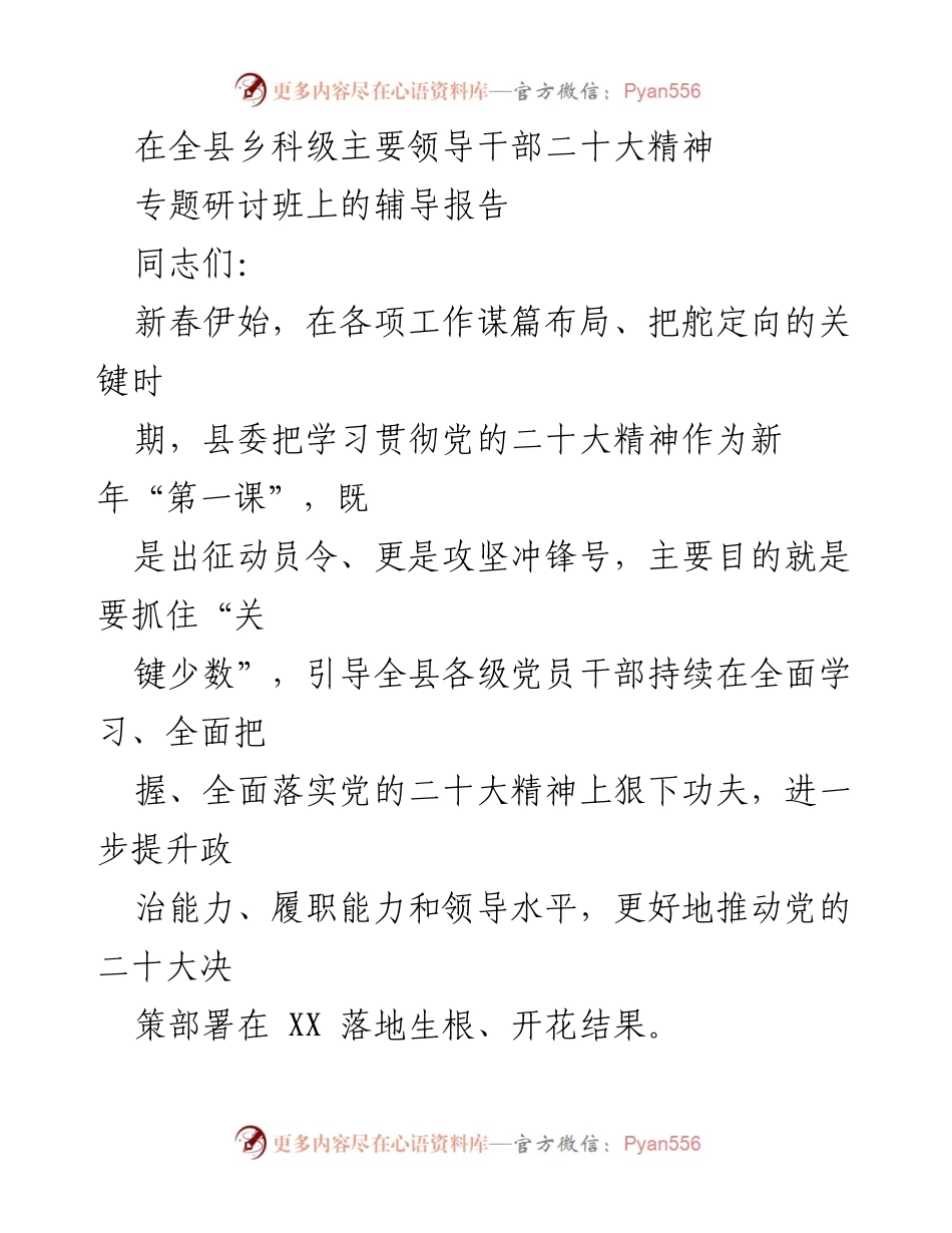 [辅导报告] 乡科级主要领导干部专题研讨班 - 深入学习贯彻党的二十大精神的动员与指导.docx_第1页