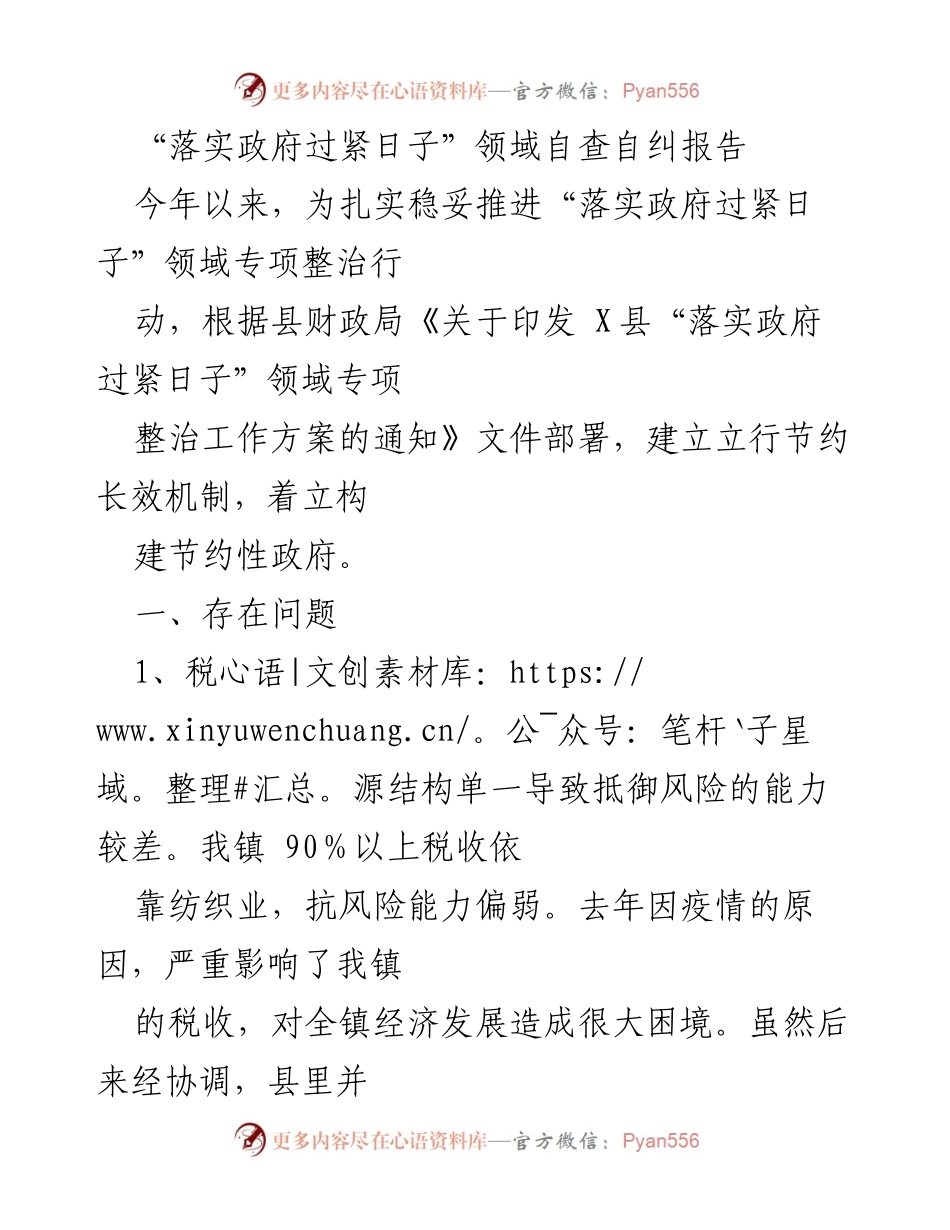 [调研报告] 政府财政管理 - “落实政府过紧日子”领域自查自纠工作总结报告.docx_第1页