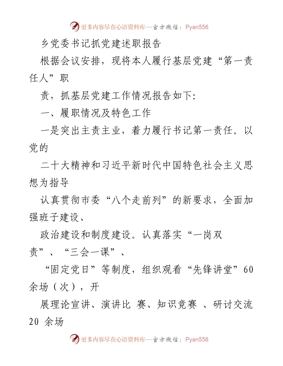 [述职报告] 乡党委会议 - 乡党委书记党建工作述职报告.docx_第1页