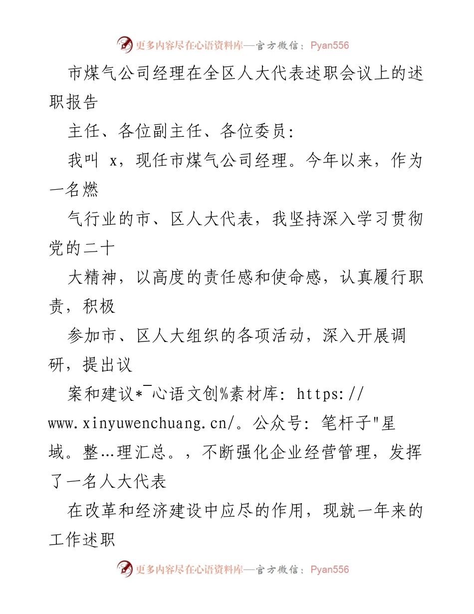[述职报告] 人大代表述职会议 - 市煤气公司经理年度述职报告.docx_第1页