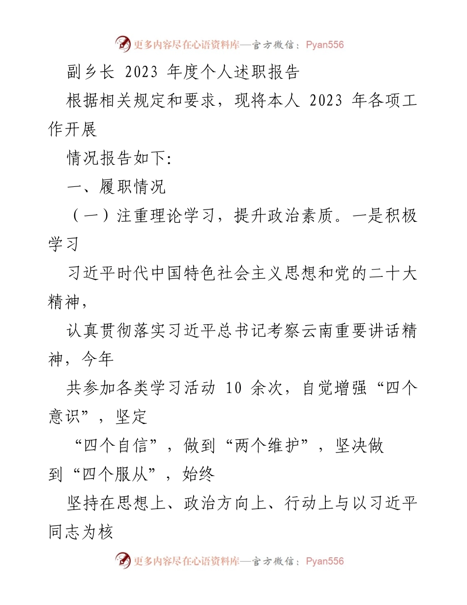 [述职报告] 乡镇政府 - 副乡长2023年度工作述职报告.docx_第1页