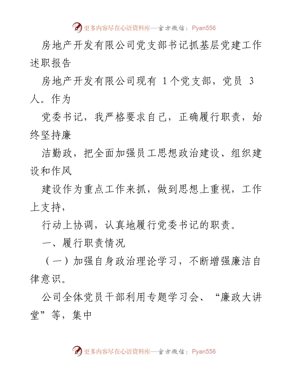 [述职报告] 党支部工作 - 加强基层党建工作，推动高质量发展.docx_第1页