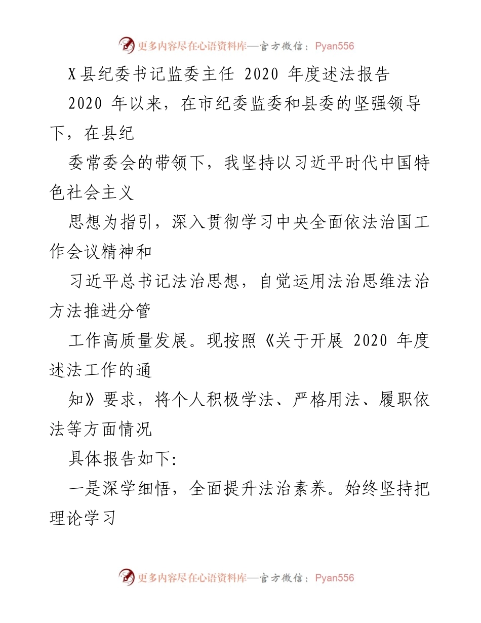 [述法报告] 纪委工作 - 2020年度纪委书记述法报告.docx_第1页