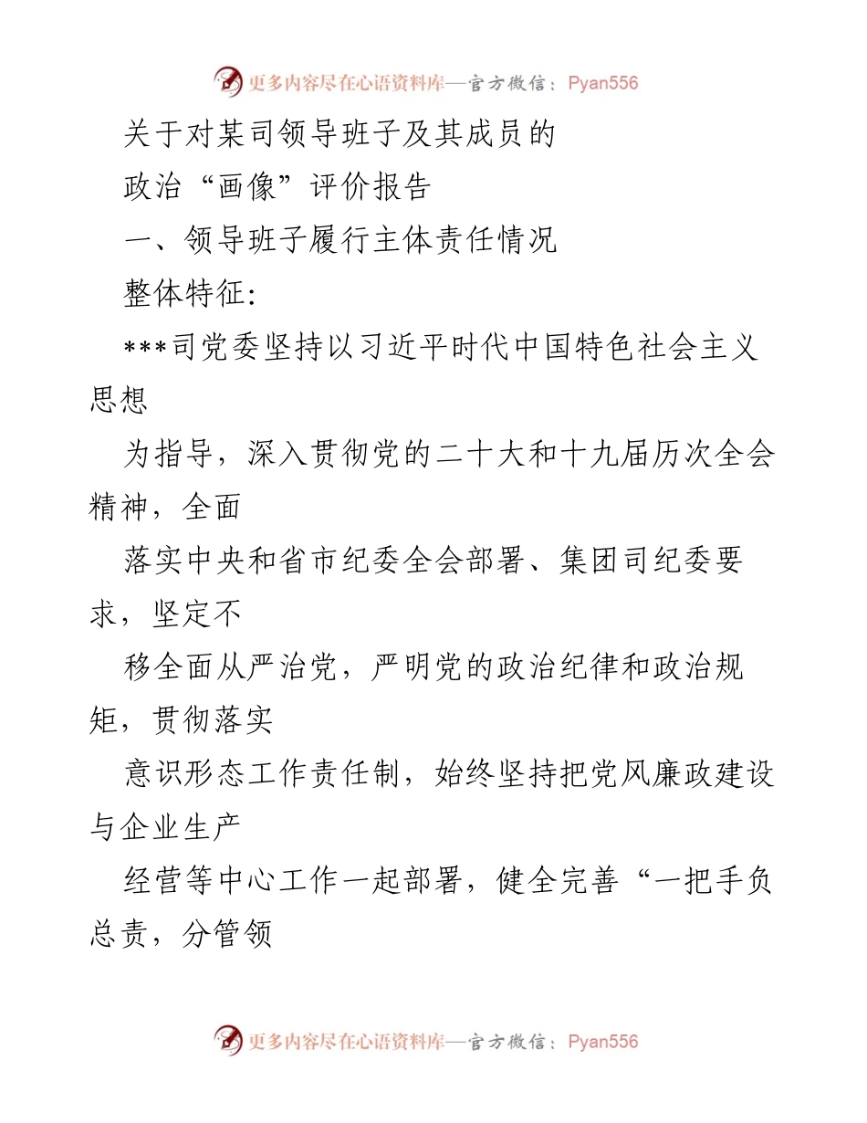 [调研报告] 领导班子评价 - 某司领导班子政治“画像”评价报告.docx_第1页