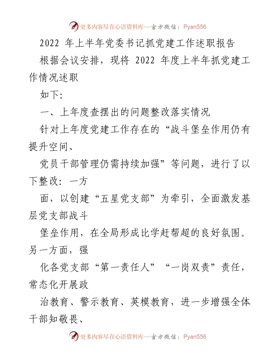 [述职报告] 党委工作 - 2022年上半年党建工作述职报告.docx_第1页