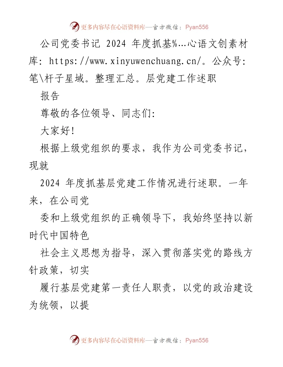 [述职报告] 公司党委书记年度述职 - 2024年度基层党建工作述职报告.docx_第1页