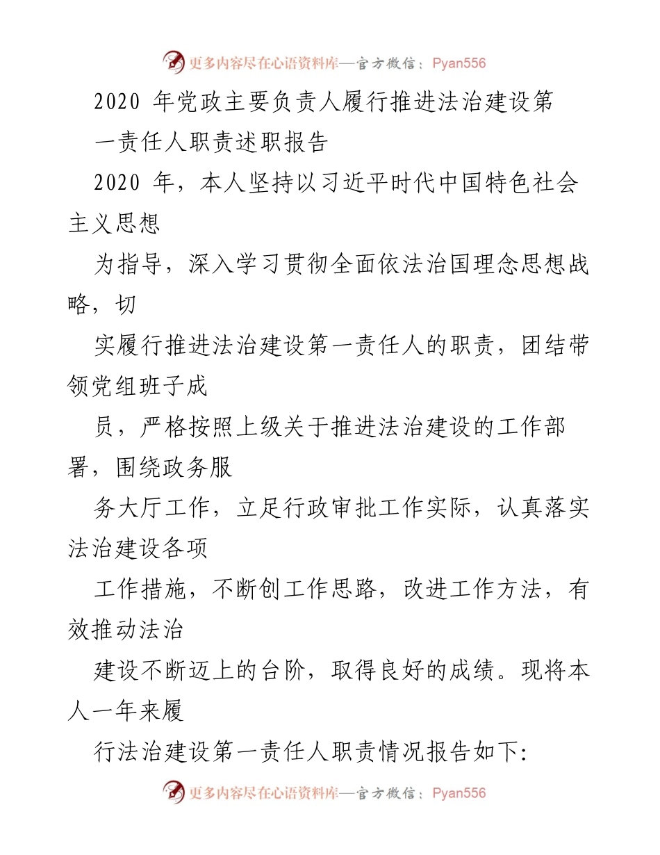 [述职报告] 2020年度法治建设履行情况 - 2020年党政主要负责人法治建设责任履行述职报告.docx_第1页