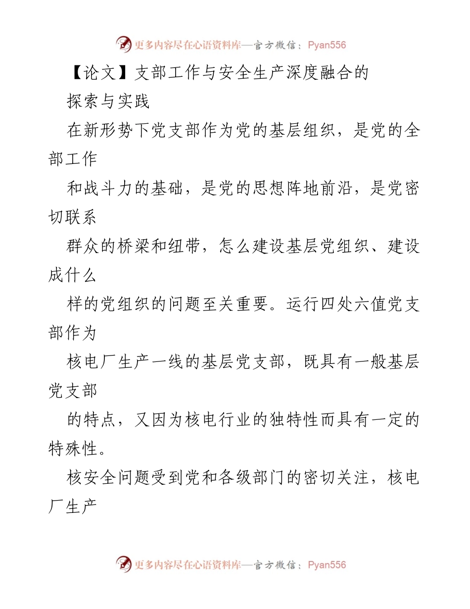 [调研报告] 核电行业 - 支部工作与安全生产深度融合的探索与实践.docx_第1页