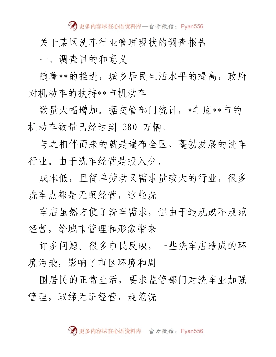 [调研报告] 洗车行业管理 - 某区洗车行业管理现状调查报告.docx_第1页