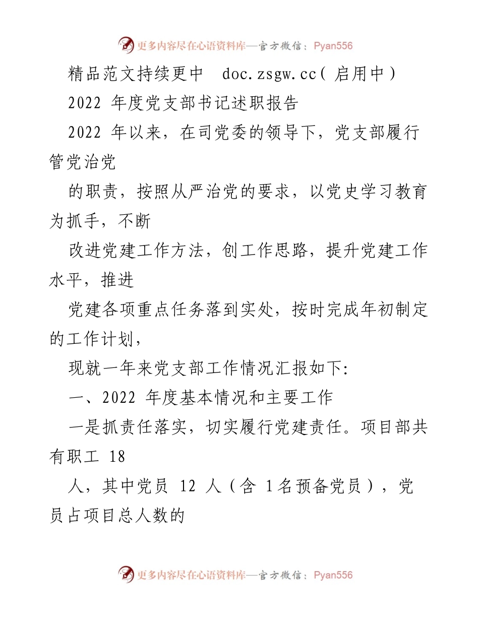 [述职报告] 党支部年度总结 - 2022年度党支部书记述职报告：党建工作成效与提升措施.docx_第1页