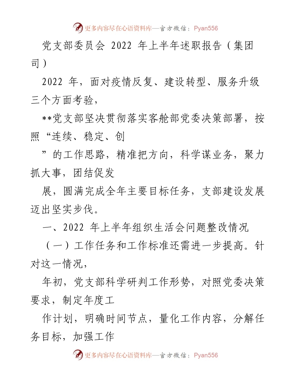 [述职报告] 党支部委员会 - 2022年上半年党支部工作总结与整改措施报告.docx_第1页