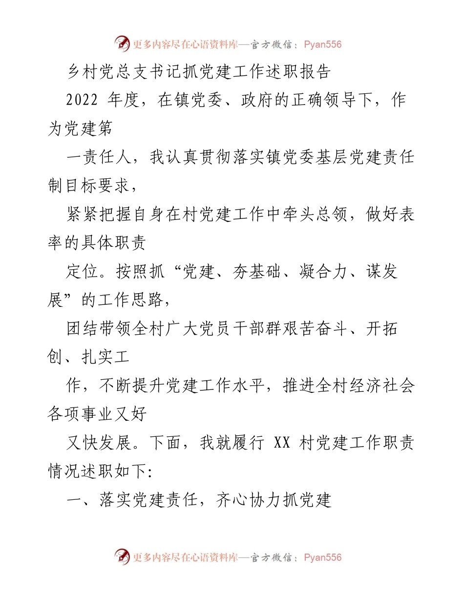 [述职报告] 乡村党建工作 - 2022年度乡村党总支书记党建工作述职报告_1.docx_第1页