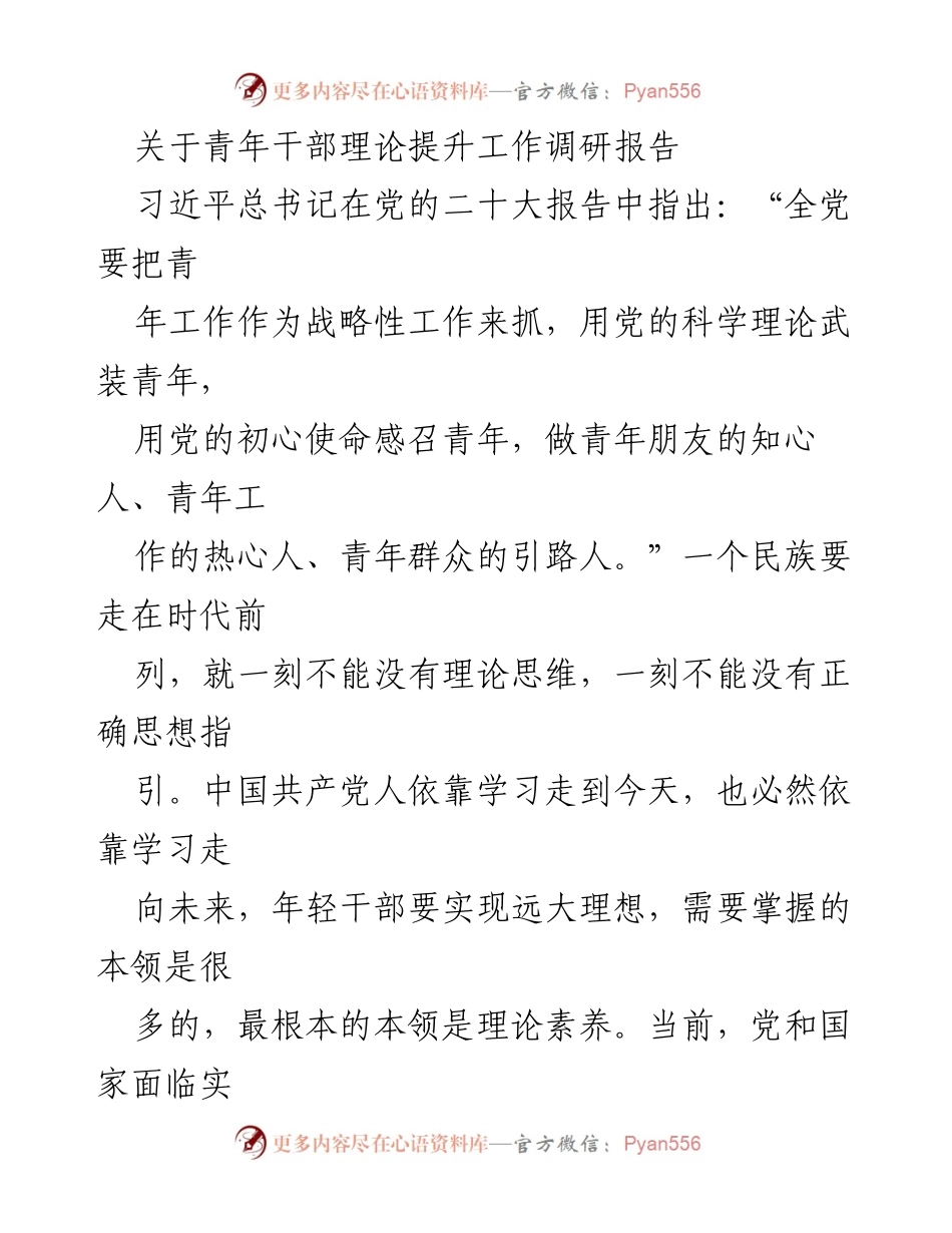 [调研报告] 青年干部理论提升工作 - 青年干部理论学习现状与提升建议.docx_第1页