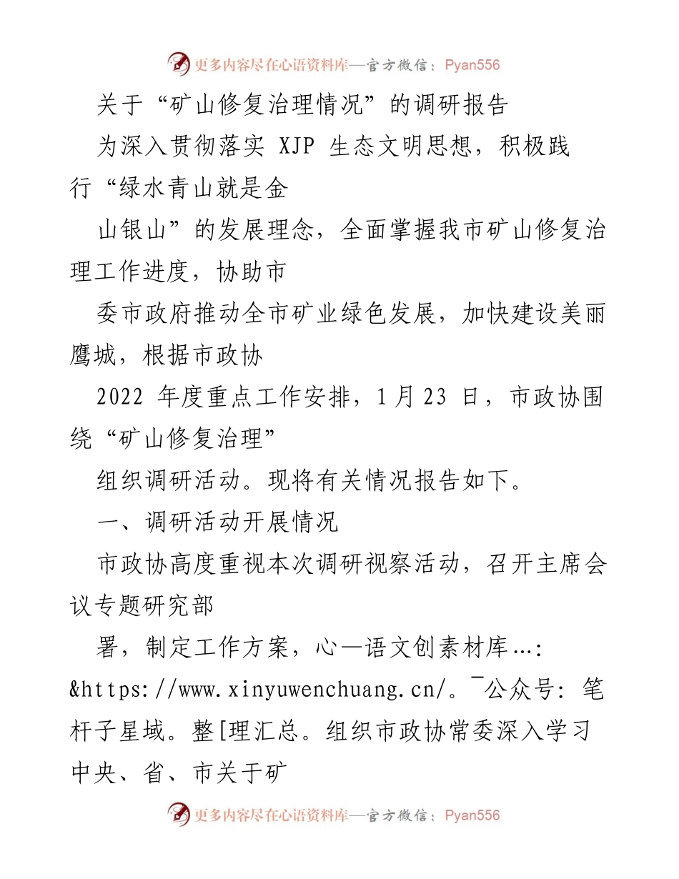 [调研报告] 矿山修复治理情况 - 矿山修复治理调研活动总结.docx_第1页