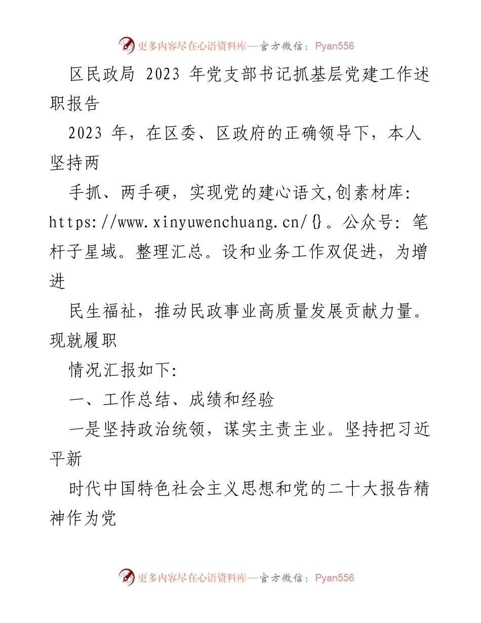[述职报告] 党支部书记述职 - 2023年区民政局党支部书记抓基层党建工作述职报告.docx_第1页
