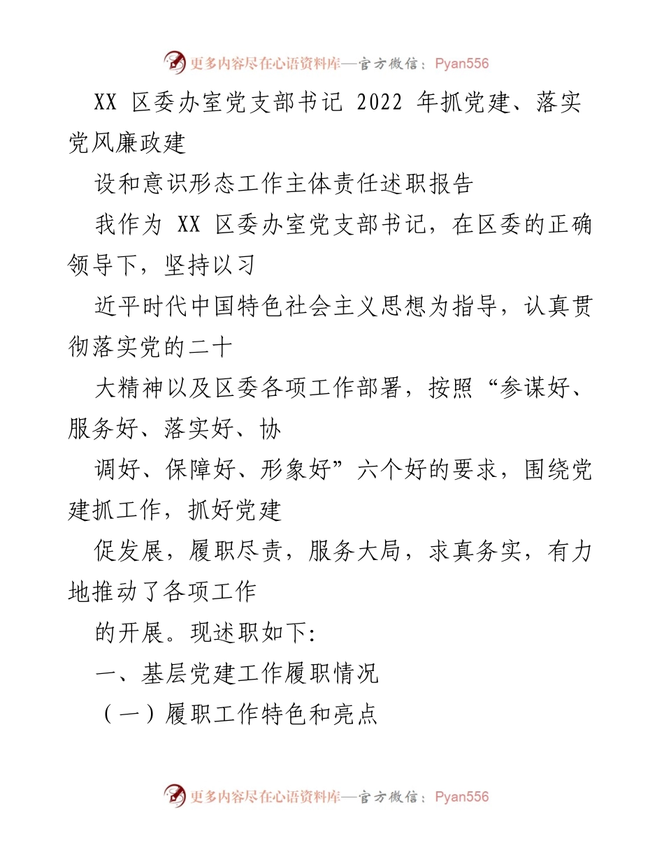 [述职报告] 党支部工作 - 2022年度党建工作述职报告.docx_第1页