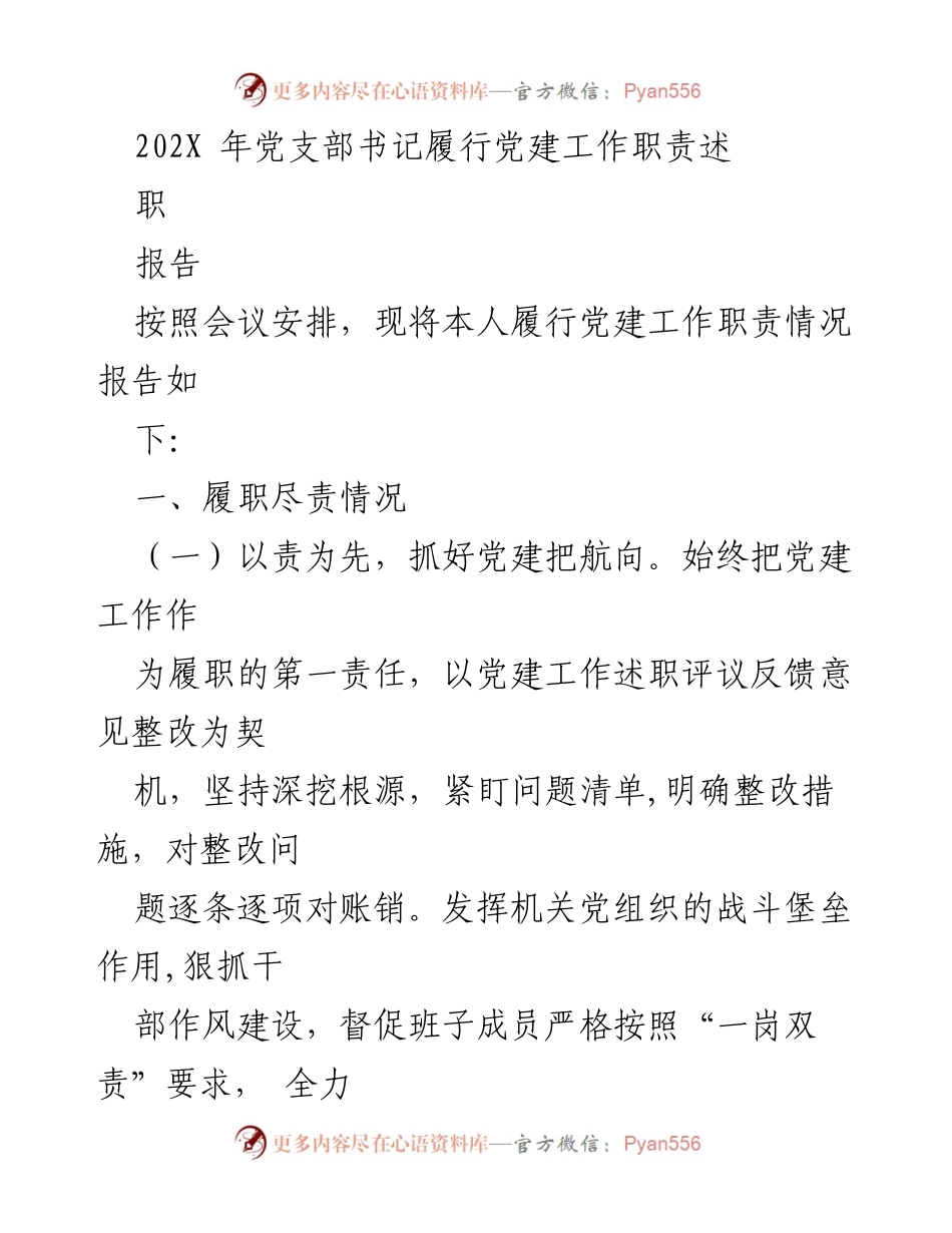 [述职报告] 党支部书记年度工作总结 - 202X年党建工作职责履行情况述职报告.docx_第1页