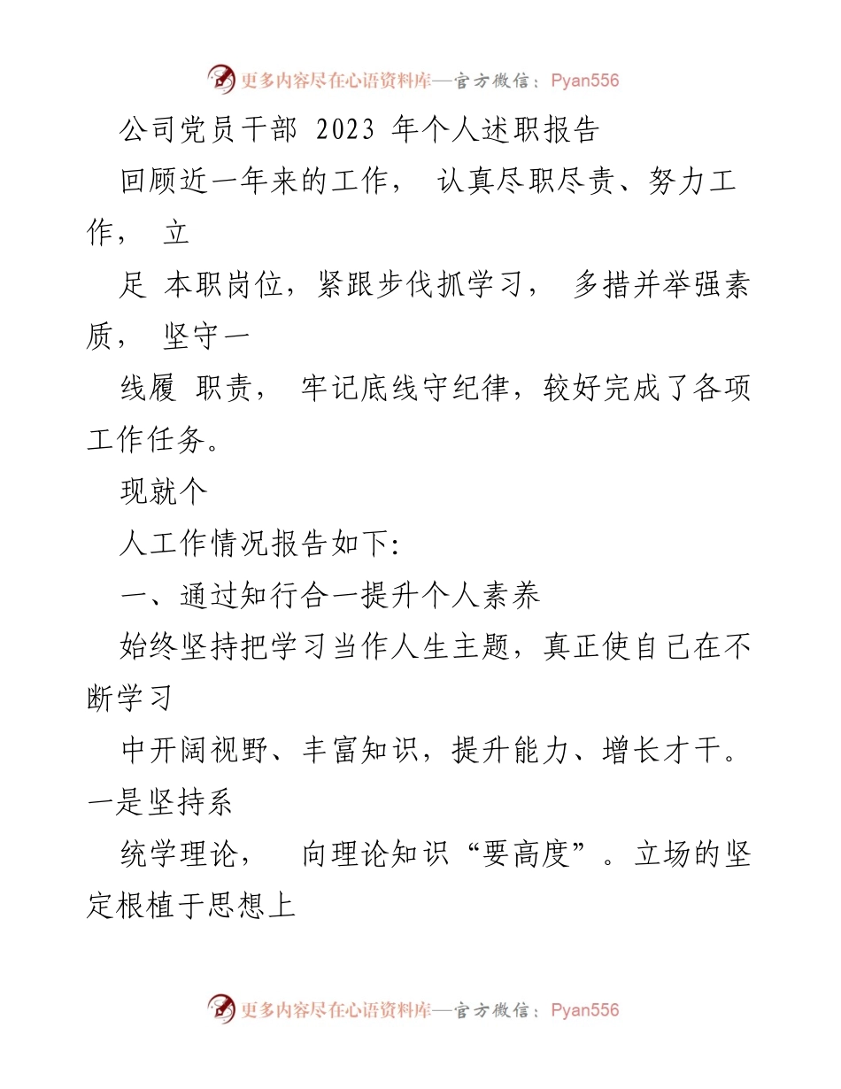 [述职报告] 公司党员干部 - 2023年个人工作述职总结.docx_第1页