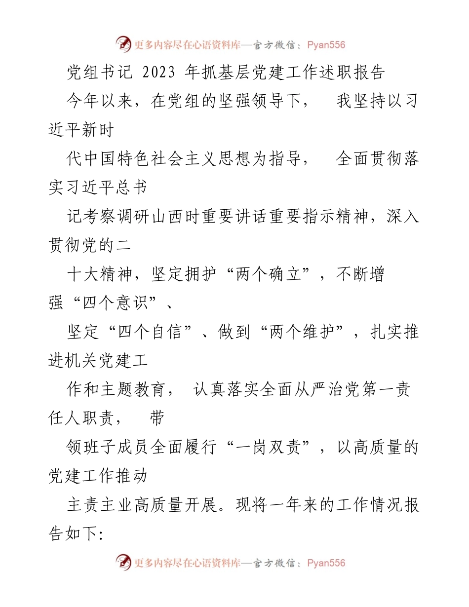 [述职报告] 党组会议 - 2023年基层党建工作述职报告.docx_第1页