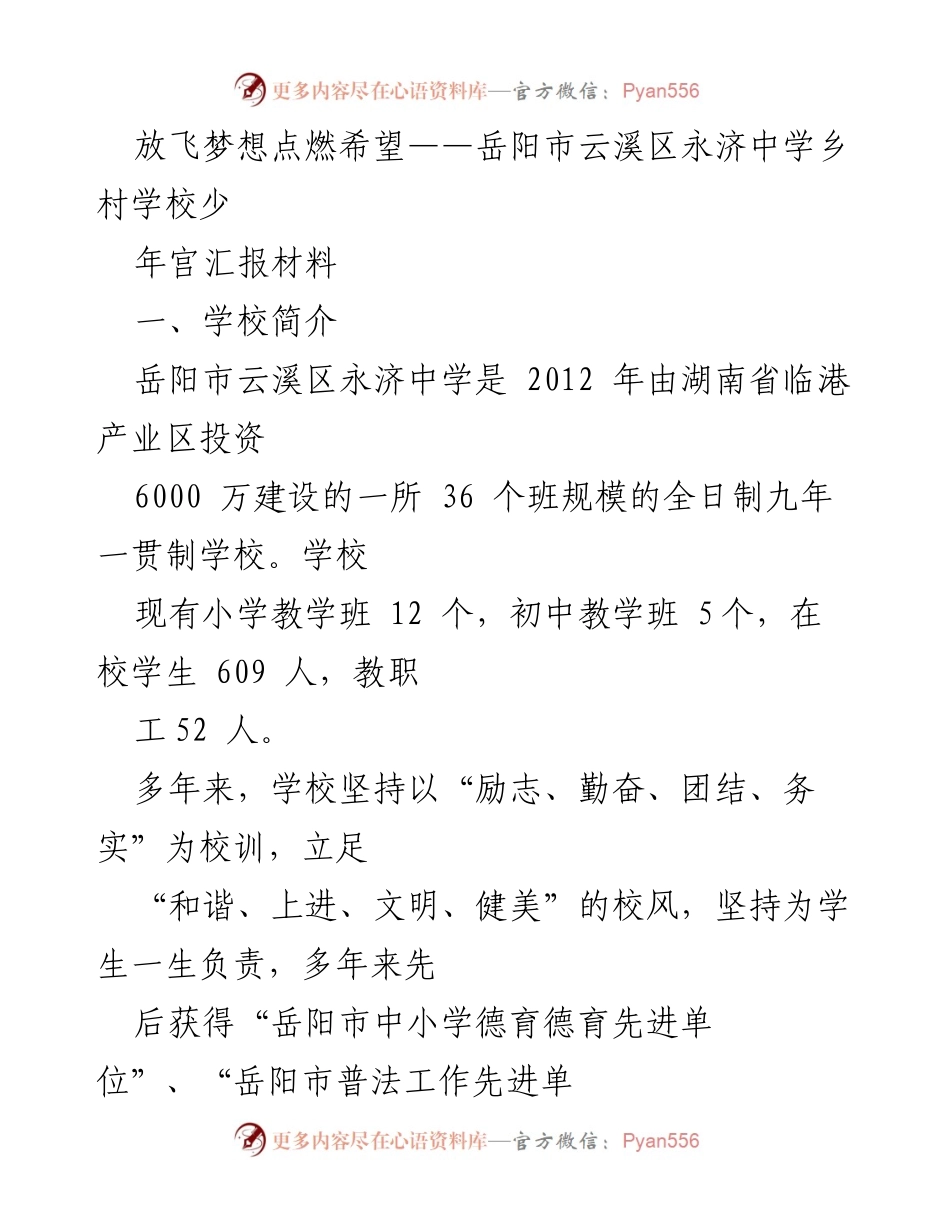 [调研报告] 教育发展 - 岳阳市云溪区永济中学乡村少年宫建设汇报.docx_第1页