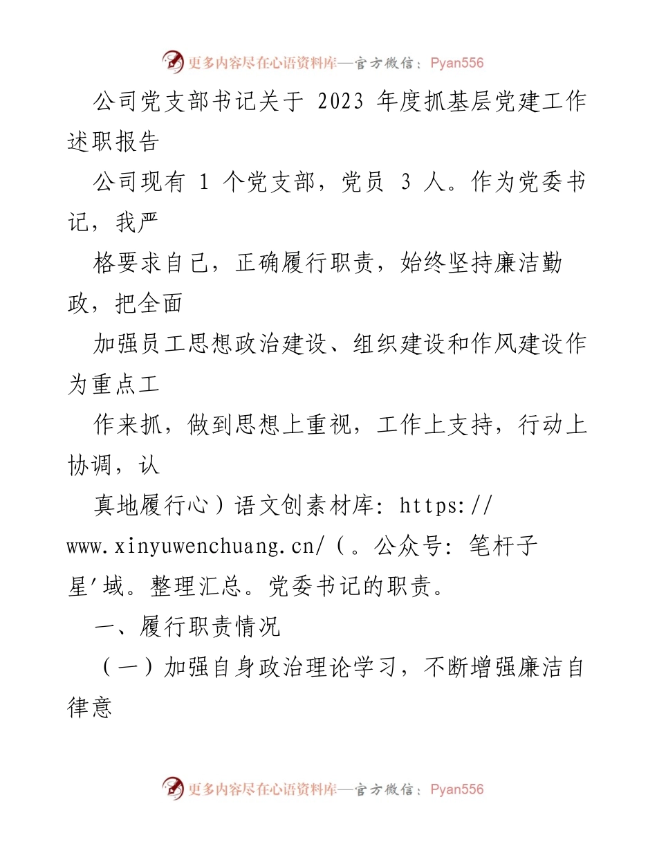 [述职报告] 党支部工作 - 2023年度基层党建工作述职报告.docx_第1页