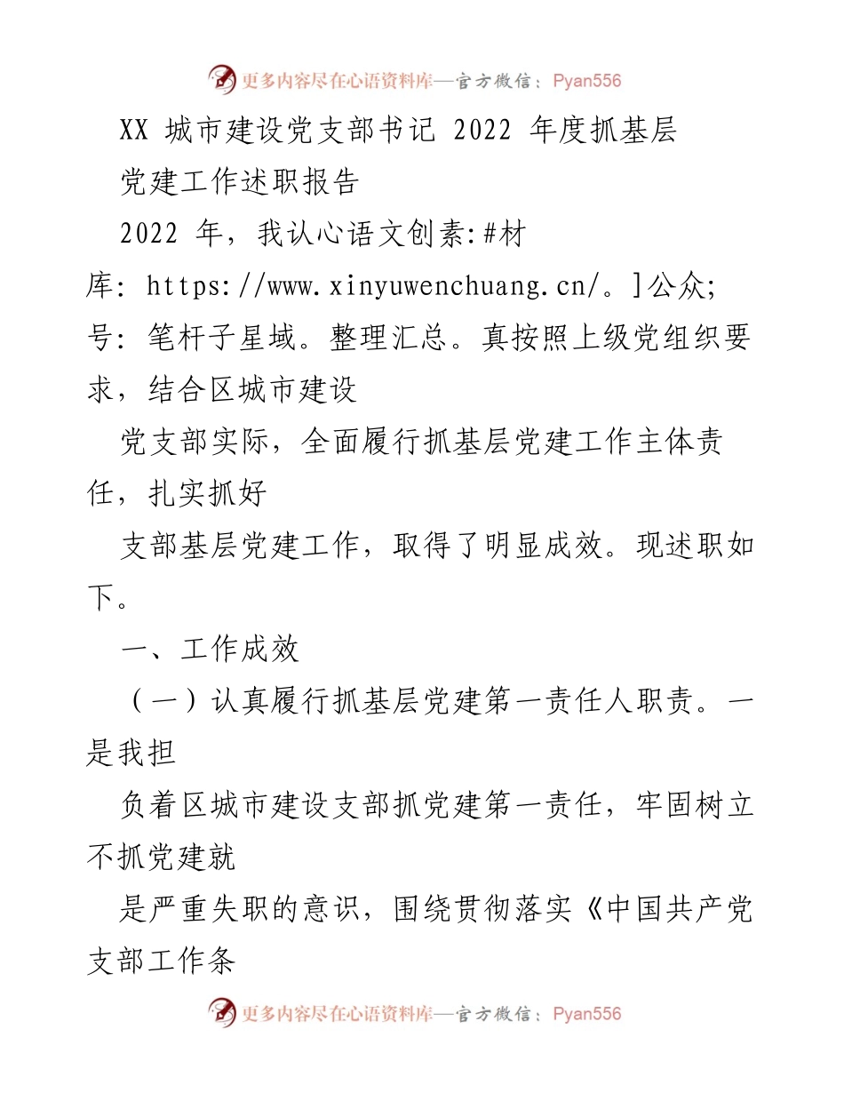 [述职报告] 党建工作 - 2022年度城市建设党支部书记党建工作述职报告.docx_第1页