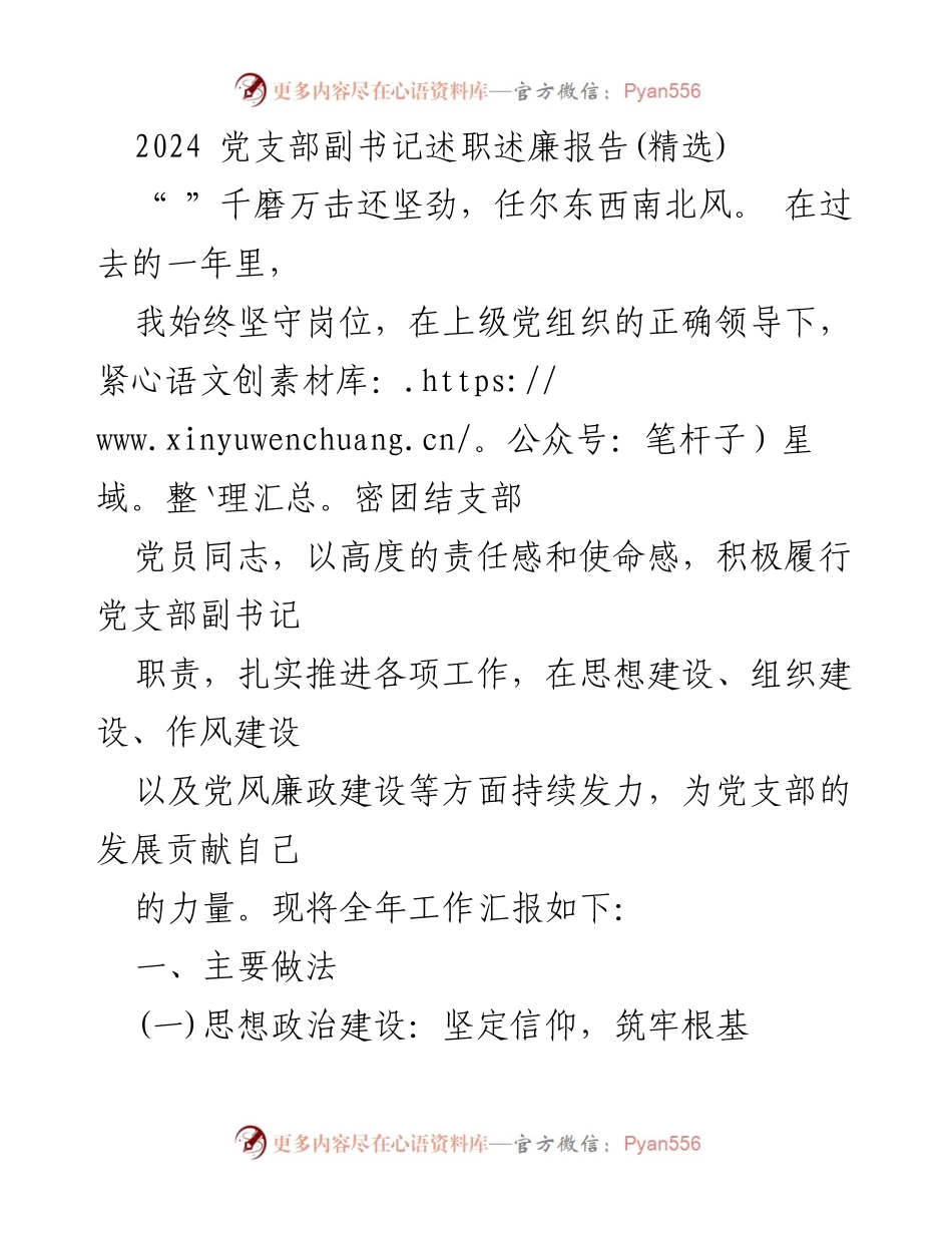 [述职报告] 党支部会议 - 2024年党支部副书记述职述廉报告.docx_第1页
