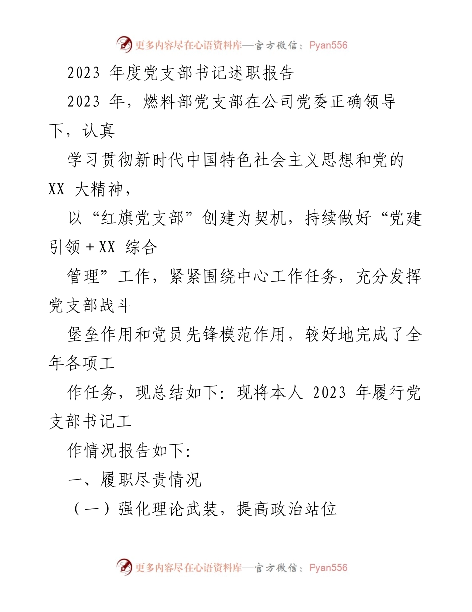 [述职报告] 党支部年度总结 - 2023年度党支部书记履职情况总结报告.docx_第1页