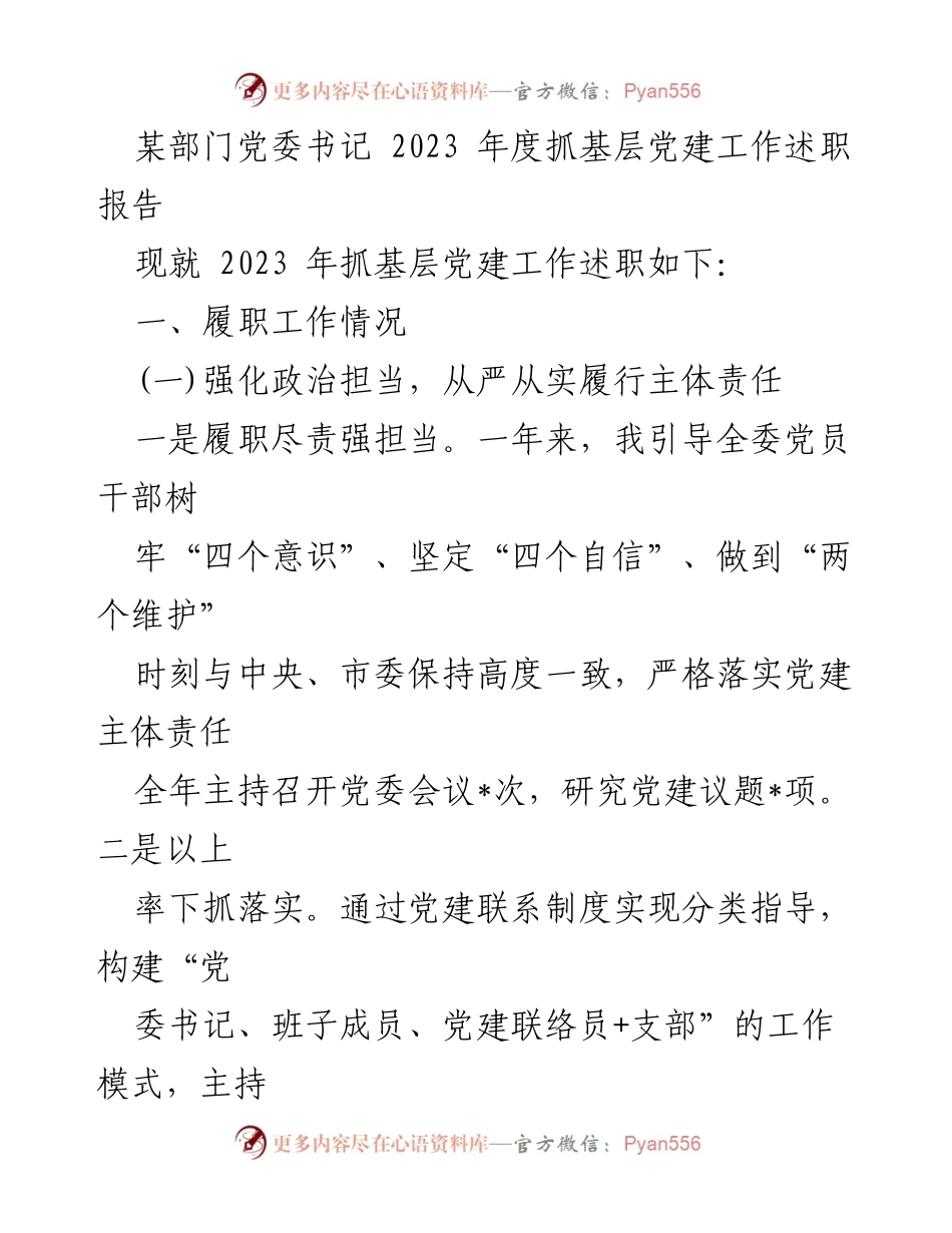 [述职报告] 党建工作 - 2023年度基层党建工作述职报告_9.docx_第1页