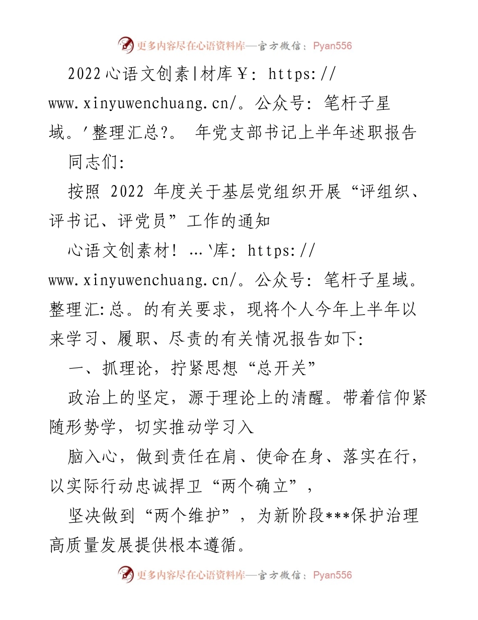 [述职报告] 党支部会议 - 2022年上半年党支部书记述职报告.docx_第1页