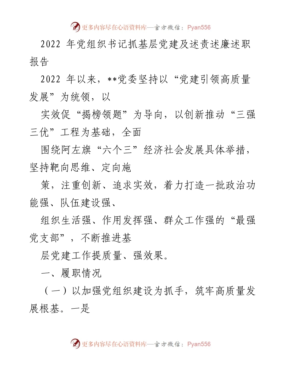 [述职报告] 党建工作会议 - 2022年党组织书记基层党建工作述责述廉报告.docx_第1页