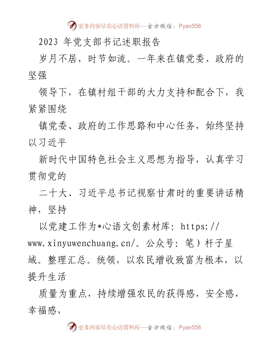 [述职报告] 党支部书记述职 - 2023年党支部书记工作总结与述职报告.docx_第1页